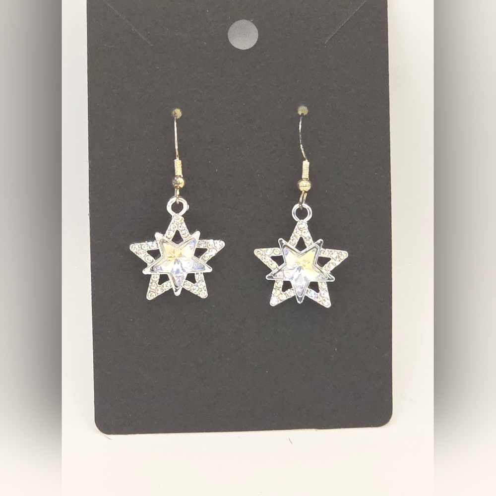 Silver & White Reflective Star Rhinestone‎ Earrings HypoAllergenic Handmade Hook
